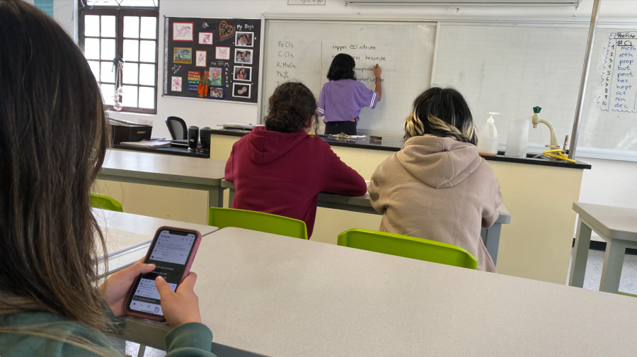 New school policies concerning cell phones are a hot topic on the Menor campus this school year. Here, a student looks at memes on Instagram during class. 